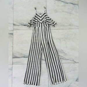 Flying Tomato Jumpsuit White Gray Wide Leg Ruffle Stripe Women M Boho Festival